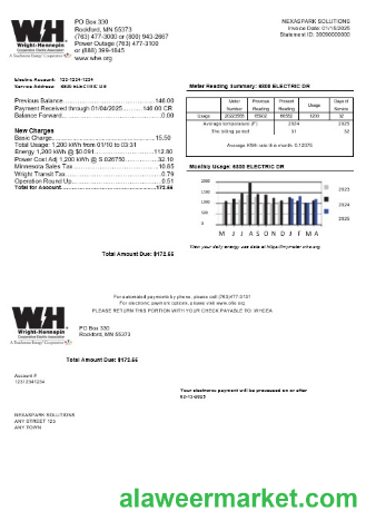 USA Minnesota Wright-Hennepin business utility bill template in Word and PDF formats